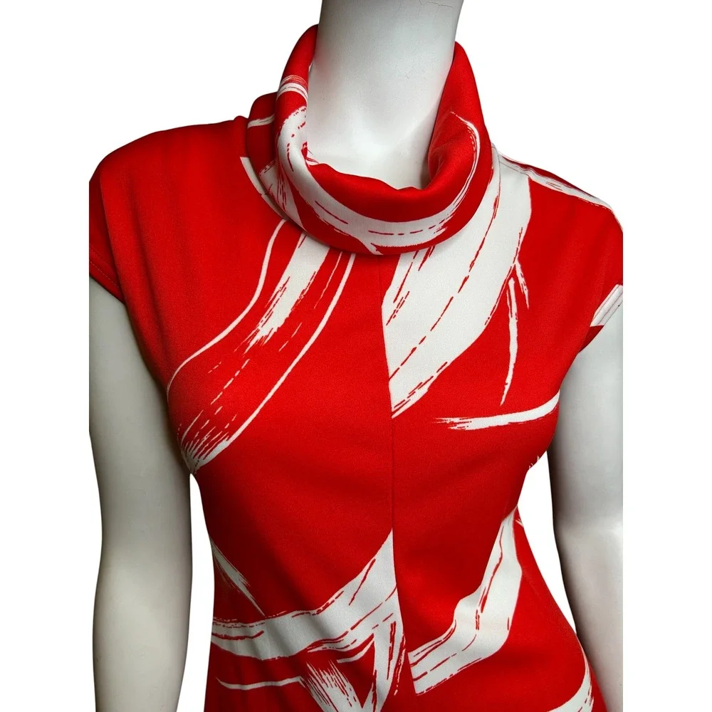 Vintage 70s Dress Red Abstract Cowl Neck Small